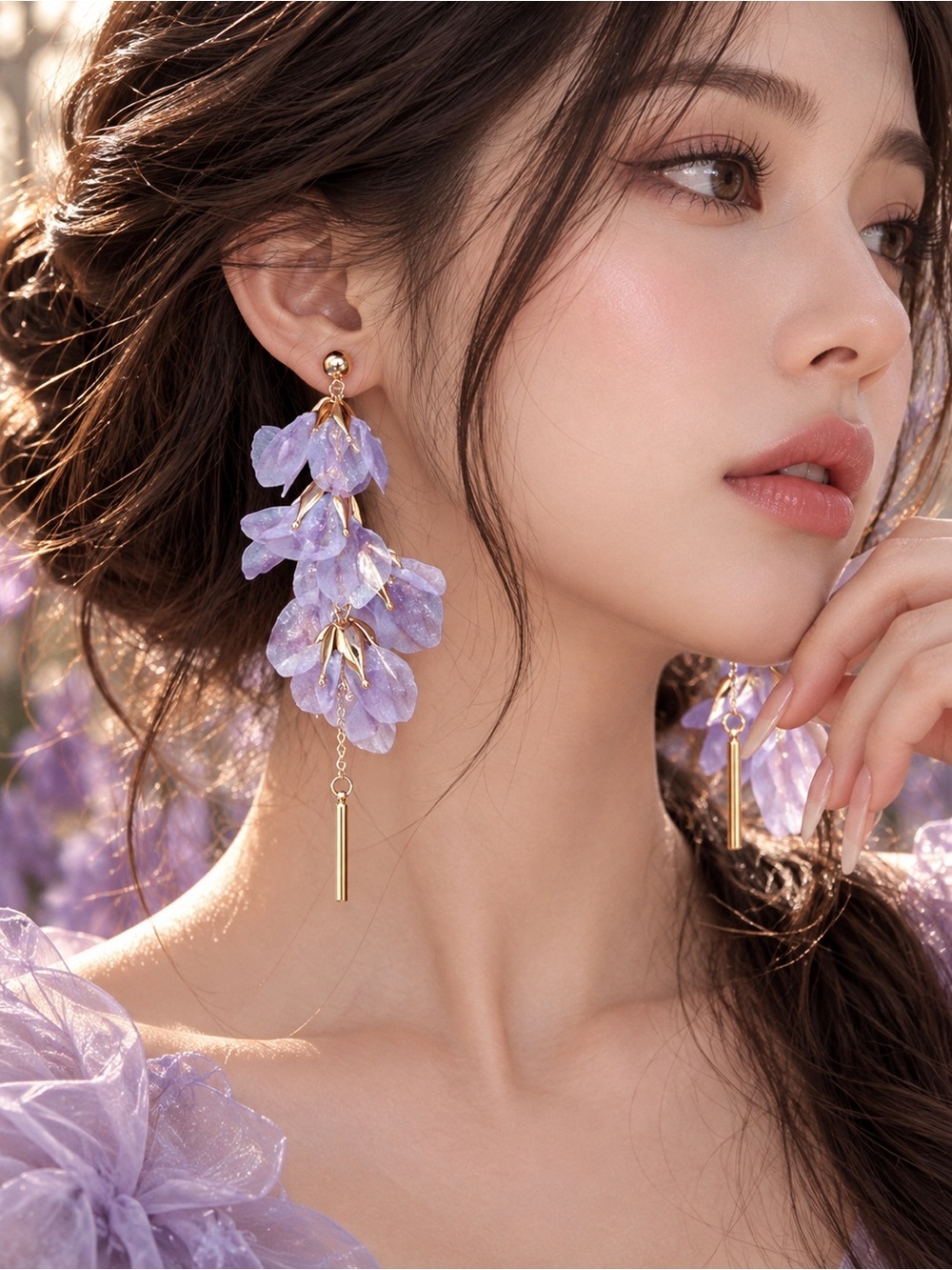 Lavender Floral Dangle Earrings | Gold Tone Statement Earrings